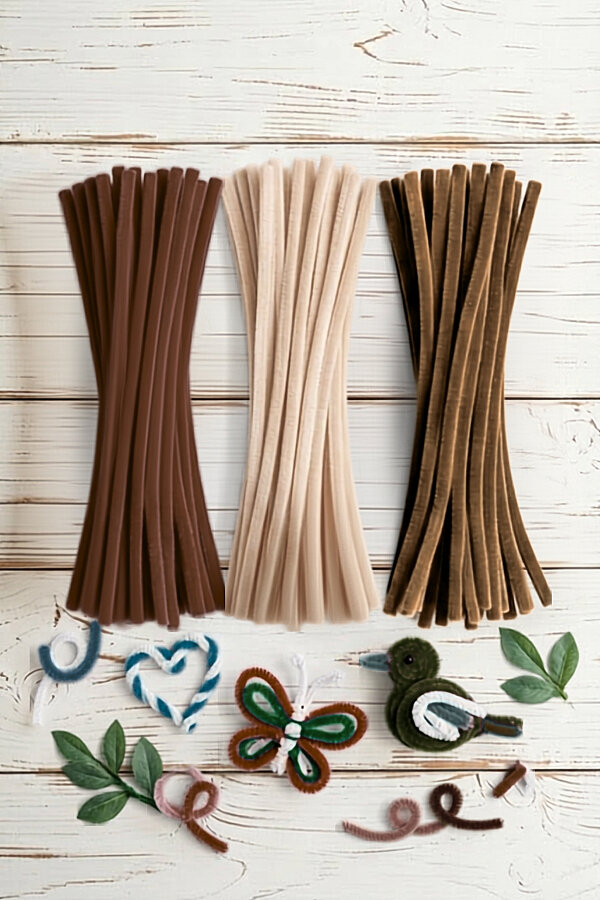 Şönil Çiçek Yapım Kiti (Kahverengi Set) - 100'lü Tüylü Tel Şönil + 40cm Çiçek Teli + 30m Çiçek Bandı - 4