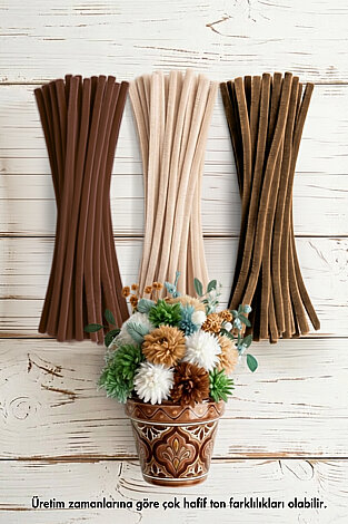 Şönil Çiçek Yapım Kiti (Kahverengi Set) - 100'lü Tüylü Tel Şönil + 40cm Çiçek Teli + 30m Çiçek Bandı - 5
