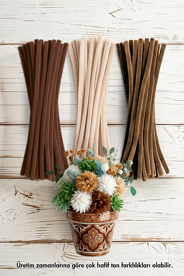 Şönil Çiçek Yapım Kiti (Kahverengi Set) - 100'lü Tüylü Tel Şönil + 40cm Çiçek Teli + 30m Çiçek Bandı - 5