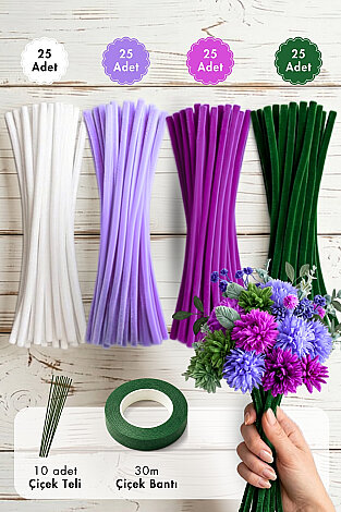 Şönil Çiçek Yapım Kiti (Lila Set) - 100'lü Tüylü Tel Şönil + 40cm Çiçek Teli + 30m Çiçek Bandı - Bimotif