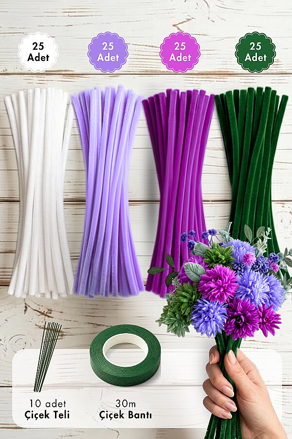 Şönil Çiçek Yapım Kiti (Lila Set) - 100'lü Tüylü Tel Şönil + 40cm Çiçek Teli + 30m Çiçek Bandı - 1