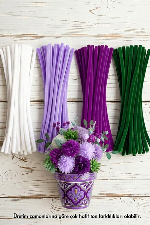 Şönil Çiçek Yapım Kiti (Lila Set) - 100'lü Tüylü Tel Şönil + 40cm Çiçek Teli + 30m Çiçek Bandı - 5