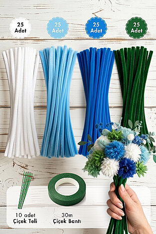 Şönil Çiçek Yapım Kiti (Mavi Set) - 100'lü Tüylü Tel Şönil + 40cm Çiçek Teli + 30m Çiçek Bandı - Bimotif