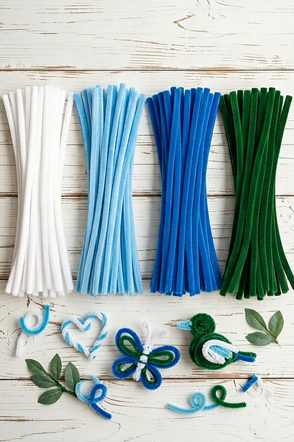 Şönil Çiçek Yapım Kiti (Mavi Set) - 100'lü Tüylü Tel Şönil + 40cm Çiçek Teli + 30m Çiçek Bandı - 4