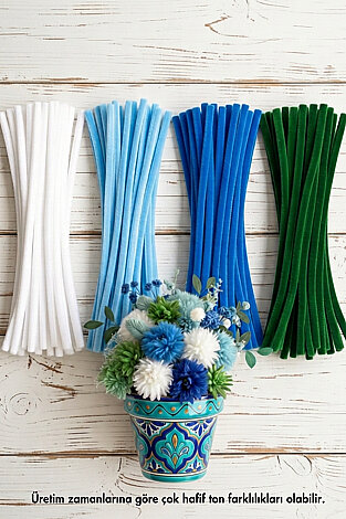 Şönil Çiçek Yapım Kiti (Mavi Set) - 100'lü Tüylü Tel Şönil + 40cm Çiçek Teli + 30m Çiçek Bandı - 5