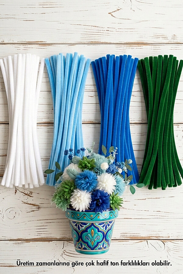 Şönil Çiçek Yapım Kiti (Mavi Set) - 100'lü Tüylü Tel Şönil + 40cm Çiçek Teli + 30m Çiçek Bandı - 5