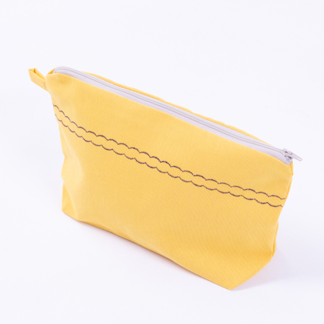 Su ve leke tutmaz duck kumaştan şerit detaylı sarı makyaj çantası - Bimotif