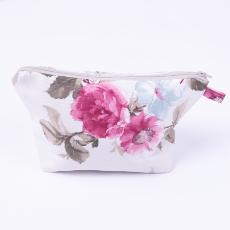 Su ve leke tutmaz duck kumaştan fuşya çiçek desenli makyaj çantası - Bimotif