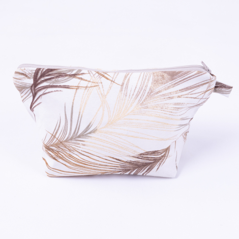 Su ve leke tutmaz duck kumaştan kahve yaprak desenli makyaj çantası - Bimotif