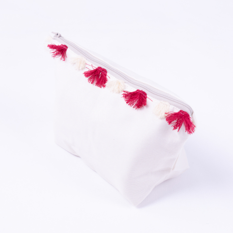 Su ve leke tutmaz duck kumaştan kırmızı püskül detaylı bej makyaj çantası - Bimotif (1)