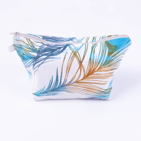 Su ve leke tutmaz duck kumaştan mavi yaprak desenli makyaj çantası - Bimotif