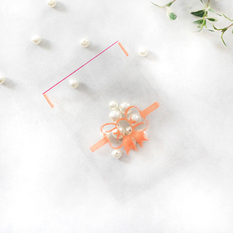 Turuncu fiyonk desenli bantlı şeffaf poşet, 10x15 cm / 100 adet - Bimotif