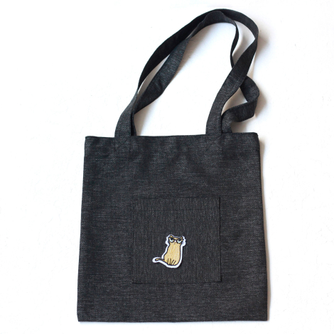 Yellow cat, siyah poly-keten kumaş çanta, 35x40 cm - Bimotif