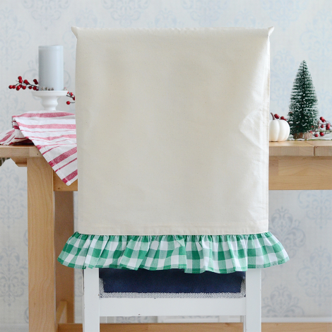 Yeşil-Beyaz kareli fırfırlı krem ham bez sandalye kılıfı, 47x52 cm - Bimotif