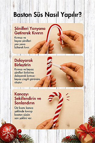 Yılbaşı Ağaç Süsü - Şönil Baston Yapım Seti - 5'er Şönil (30cm) + Monofil İp - (20 Süs Yapılabilir) - Bimotif (1)