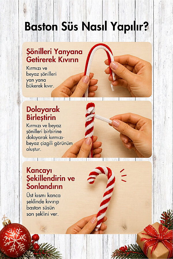 Yılbaşı Ağaç Süsü - Şönil Baston Yapım Seti - 5'er Şönil (30cm) + Monofil İp - (20 Süs Yapılabilir) - 2