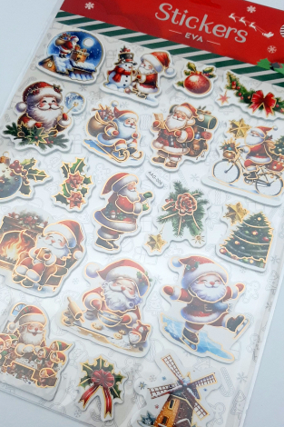 Yılbaşı altın yaldızlı kabartmalı eva sticker, 21x25 cm / Noel Baba ve Çam Ağacı - Bimotif