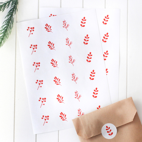 Yılbaşı çiçek desenli sticker, 24 adet (1 sayfa) / Beyaz - Bimotif
