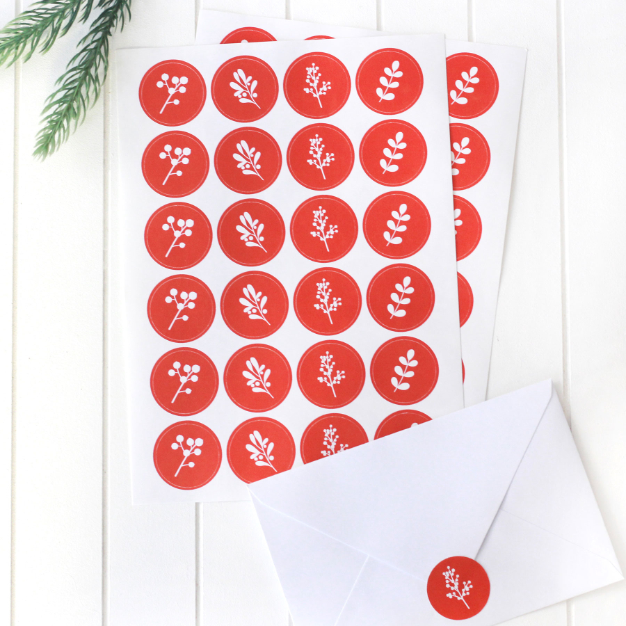 Yılbaşı çiçek desenli sticker, 24 adet (1 sayfa) / Kırmızı - 1