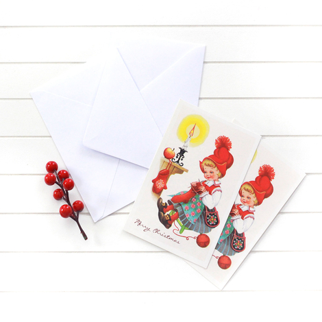 Yılbaşı kartpostal-zarf seti, örgücü kız / 25 adet - Bimotif (1)