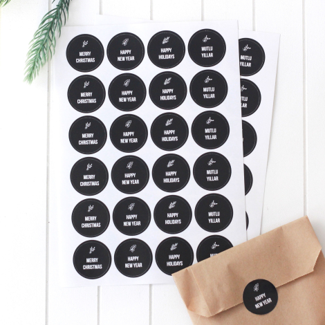 Yılbaşı mesajları sticker seti, 24 adet (1 sayfa) / Siyah - Bimotif