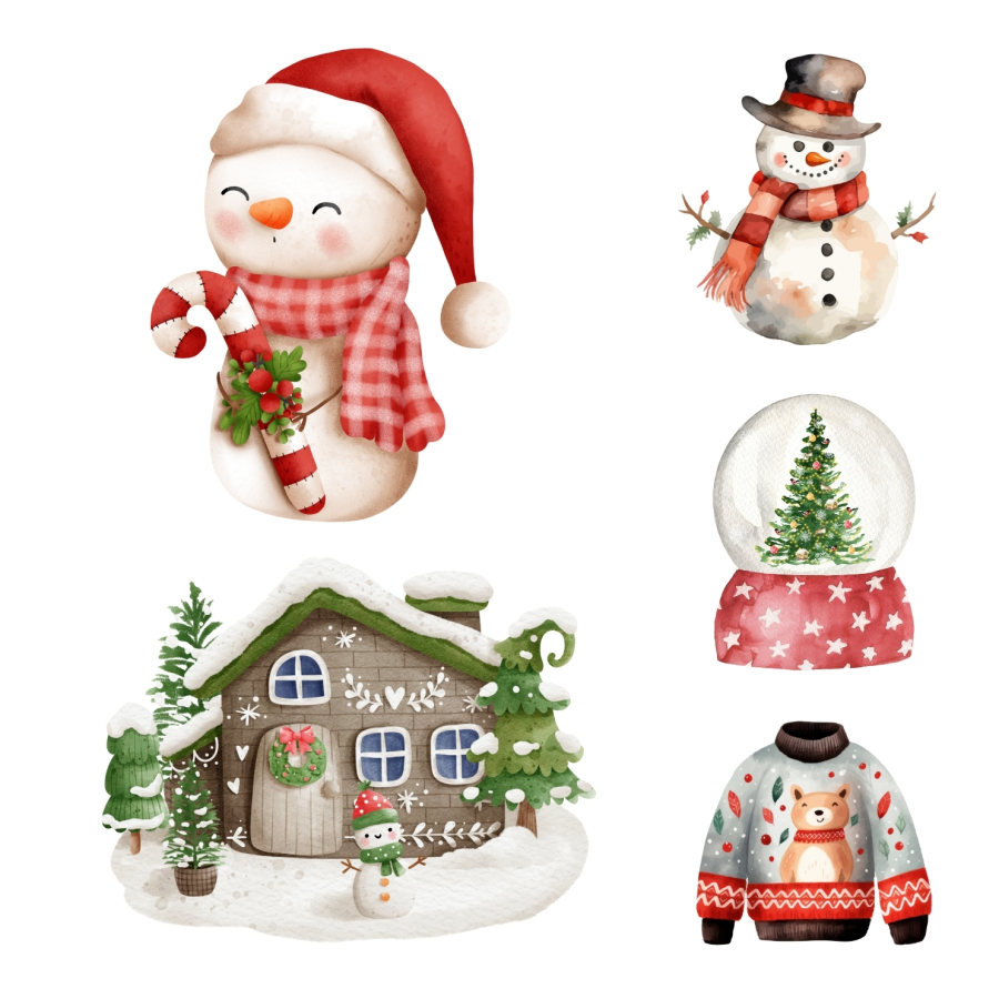 Yılbaşı sticker, vintage kardan adam ve figürler, 525 adet (15 sayfa) - 2